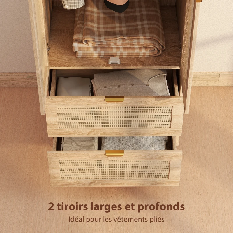 HOMCOM Armoire chambre penderie avec 2 portes en rotin, 2 tiroirs et barre de suspension, 63 x 47 x 185 cm, bois naturel