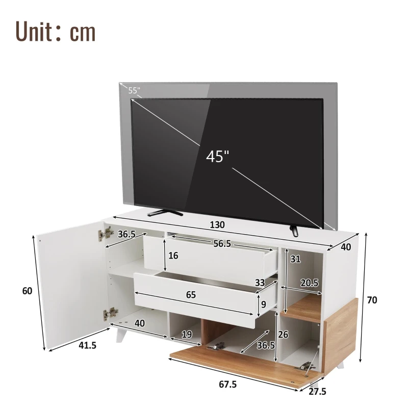 Credenza moderna con spazio contenitore, in Truciolato, 130x40x70 cm, Bianco e color Legno