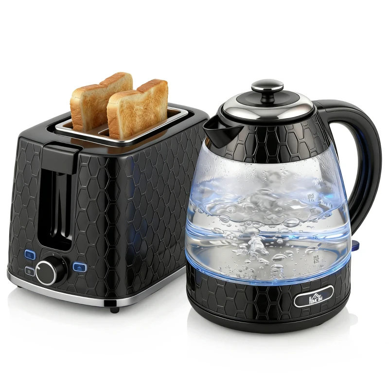 HOMCOM Kettle and Toaster Set, 1.7L 3000W Rapid Kettle with Limescale Filter, 2 Slice Toaster with 7 Browning Controls, Black