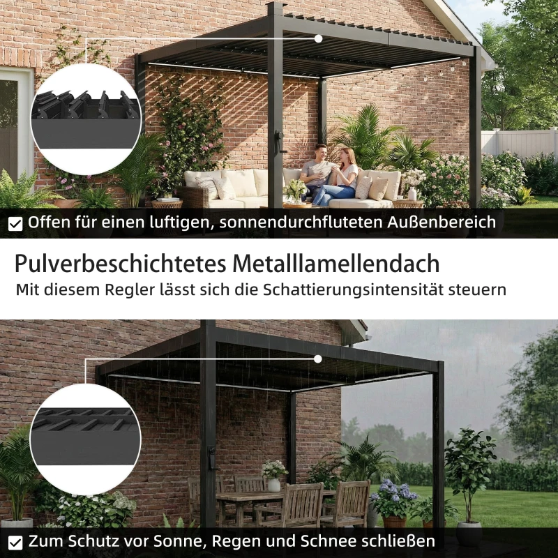 Outsunny Pergola 3 x 3 m Terrassenüberdachung mit Solar LED-Beleuchtung verstellbar Lamellendach Kurbelgriff Entwässerungsrinnen