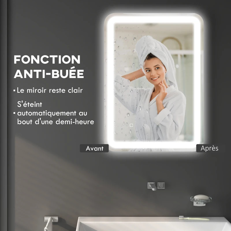HOMCOM Miroir de salle de bain rectangulaire LED fonction anti-buée luminosité réglable fonction mémoire 70 x 50 cm argent