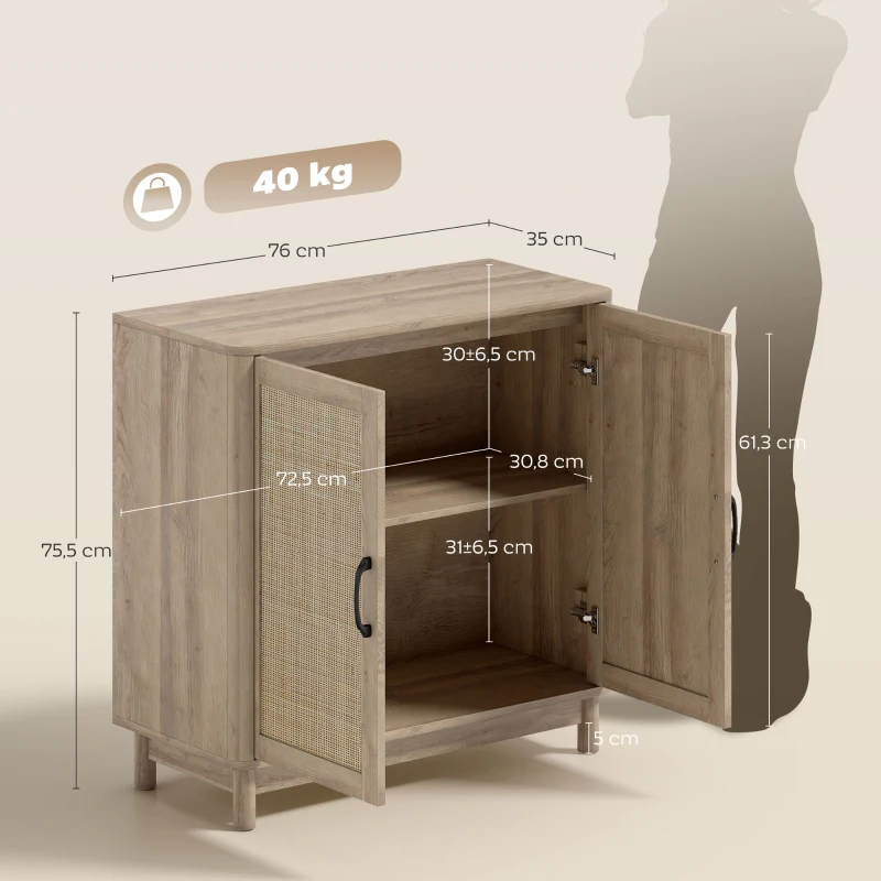 HOMCOM Buffet salon, meuble de rangement avec 2 portes en rotin, étagère réglable et bords arrondis, 76 x 35 x 75,5 cm, chêne