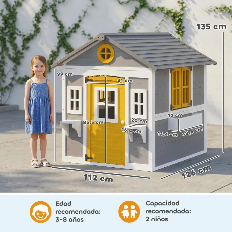 Outsunny Casita Infantil Exterior e Interior de Madera con Puerta Ventanas Jardineras y Soportes de Flores Gris