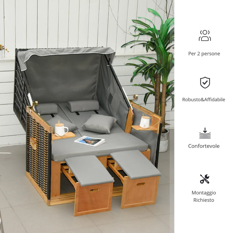 Outsunny Sedia da Spiaggia per 2 persone, con Cuscini, Resistente alle Intemperie, Grigio Chiaro