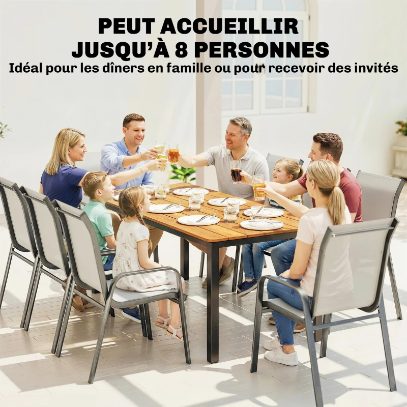 Outsunny Table de jardin pour 6 à 8 personnes, table à manger extérieure plateau à lattes en bois massif, 180x86x74cm, teck