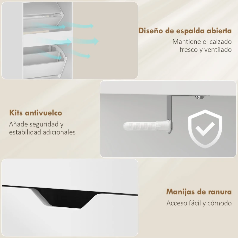 HOMCOM Zapatero Estrecho con 3 Cajones Abatibles Estantes Ajustables y Compartimento Abierto Capacidad para 12-18 Pares Blanco