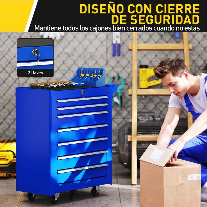 DURHAND Carro de Herramientas con 7 Cajones Cerradura Asa 2 Ruedas con Freno de Bloqueo para Garaje Hogar Azul