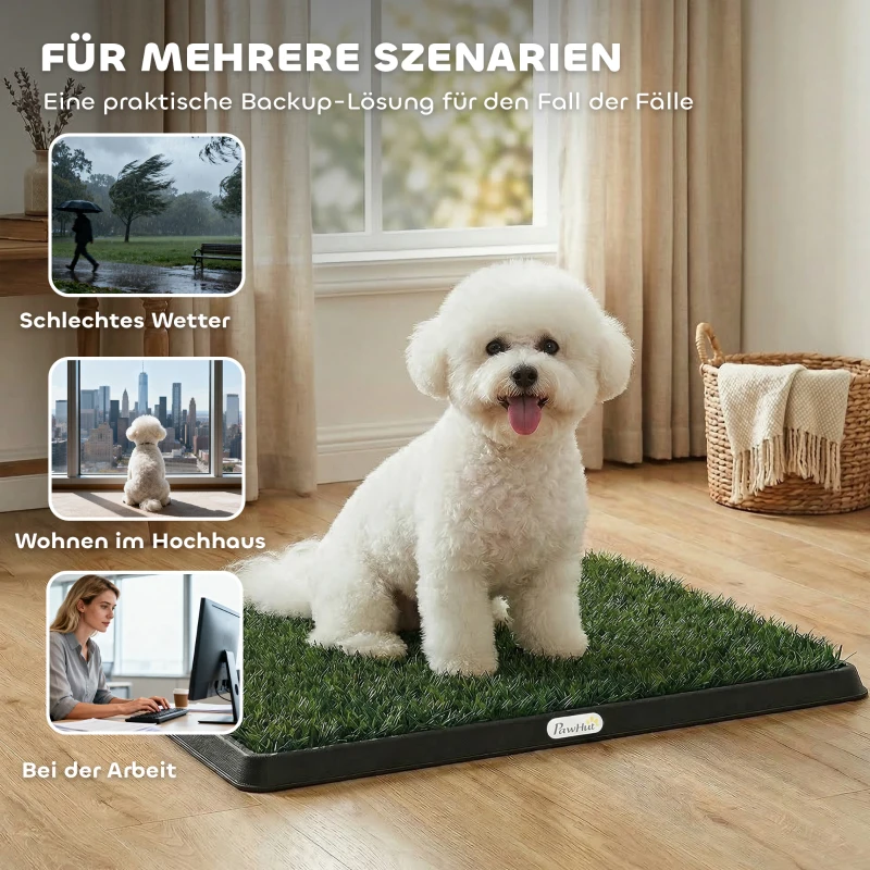 PawHut Hundetoilette 63 x 50,5 cm Hundeklo mit 2 Kunstrasen waschbar Welpentoilette für Hunde für Balkon Zuhause Schwarz+Grün