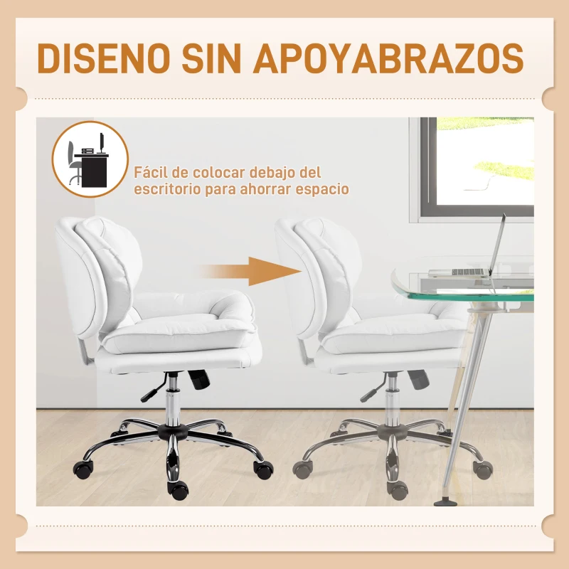 HOMCOM Silla de Oficina Piernas Cruzadas con Asiento Ancho Ruedas Altura Ajustable Doble Acolchado Función Basculante Blanco
