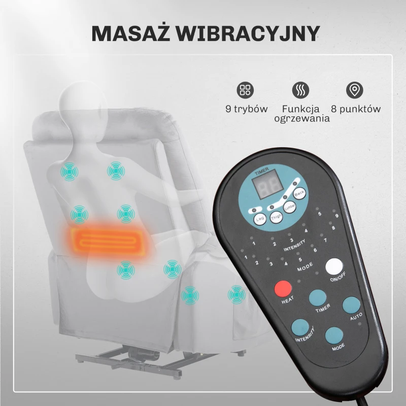 HOMCOM Fotel z Podnośnikiem z Funkcją Masażu, 90x93x110cm, Jasnoszary