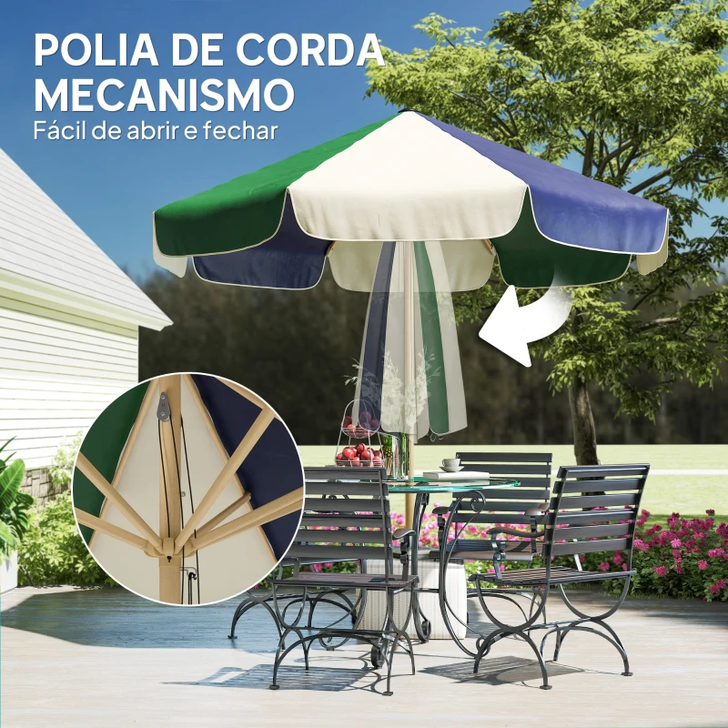 Outsunny Chapéu de Sol para Terraço Exterior Ø2,3 m com Estrutura de Efeito Madeira Polia com Corda Toldo Bicolor UPF30+ Multicor