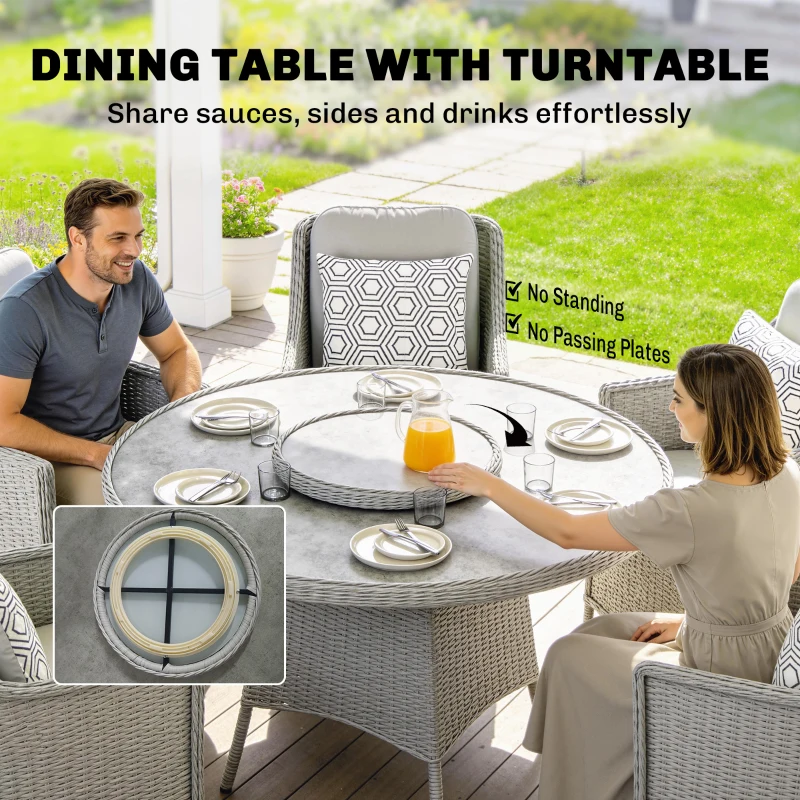 Outsunny Rattan Garden Dining Set with Turntable, Marble Effect Glass Round Garden Table and Chairs with Aluminium Frame, Grey