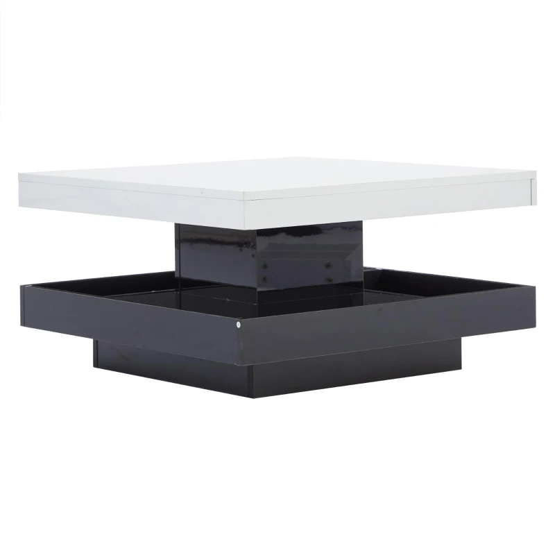 Tavolino da caffè lucido e girevole a 2 livelli con ripiano portaoggetti, 70x70x36 cm, Bianco e Nero
