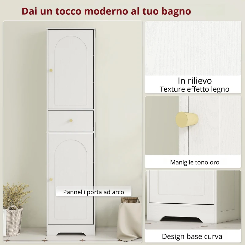 HOMCOM Armadietto Alto da Bagno Stretto con 2 Porte Arco Cassetto e Ripiani Regolabili Moderno 40x29,5x170 cm Bianco