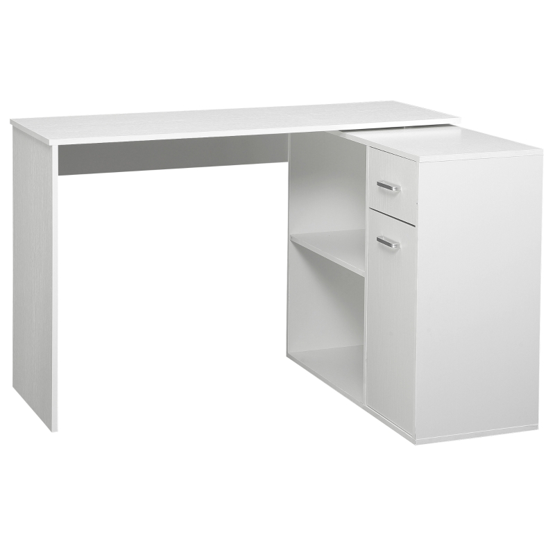 HOMCOM Bureau d'angle rotatif à 180°, bureau d'ordinateur, bibliothèque, tiroir, placard, poste de travail, 117x82x74cm, blanc