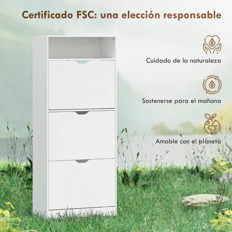 HOMCOM Zapatero Estrecho con 3 Cajones Abatibles Estantes Ajustables y Compartimento Abierto Capacidad para 12-18 Pares Blanco