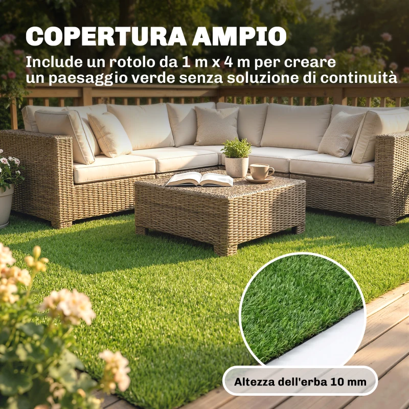 Outsunny Prato Artificiale 1m x 4m, Tappeto Sintetico con Altezza 10mm, Drenante, Verde
