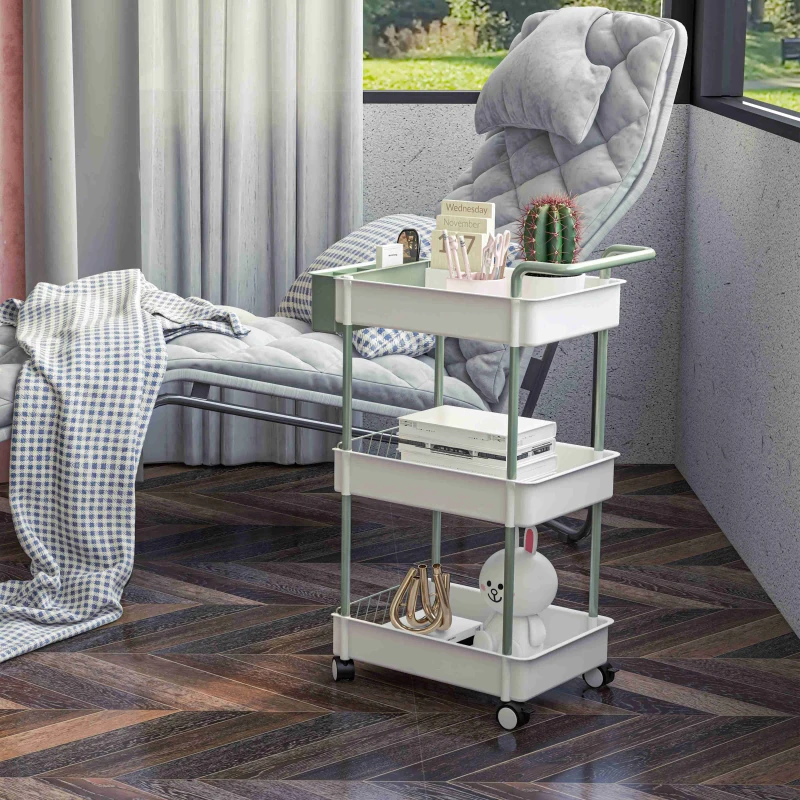 HOMCOM Desserte chariot de rangement en acier à roulettes avec 3 niveaux, 1 boite amovible, poignées dim. 50L x 29,4l x 77H cm