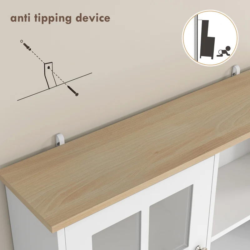 HOMCOM Freestanding Kitchen Cupboard, Storage Cabinet with Doors and Adjustable Shelves, Counter Top, Grid Glass Doors, 80L x 37W x 183H cm - White