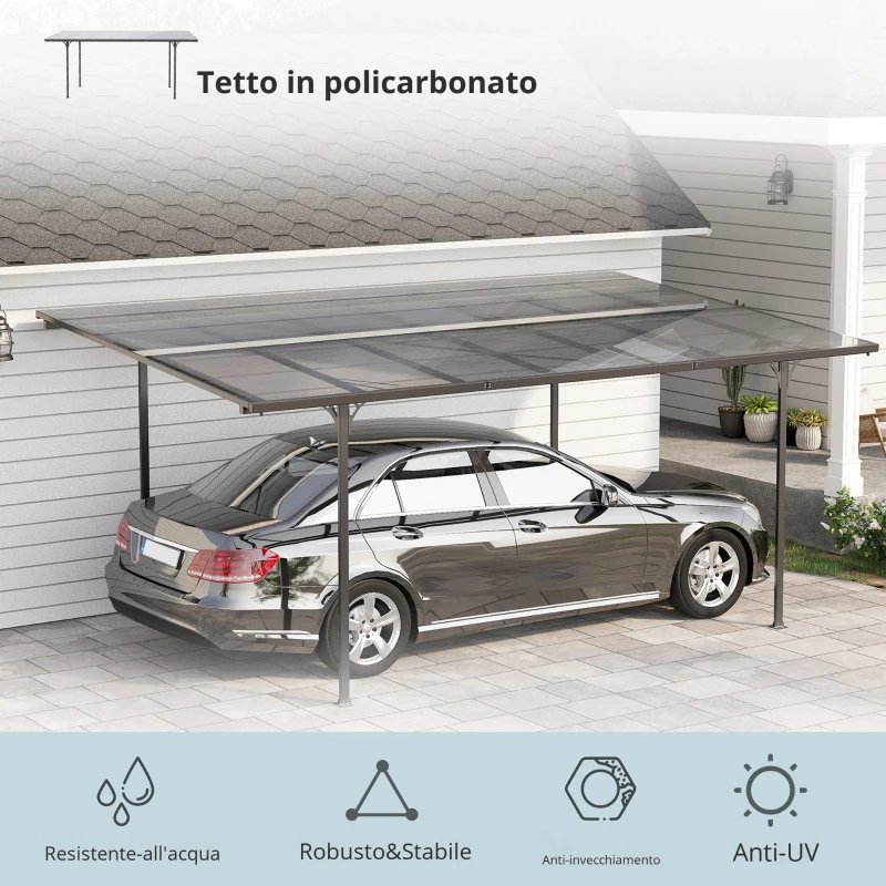 Outsunny Pergola rigida in alluminio e policarbonato, padiglione da giardino e carport 500 x 299 x 195/223 cm grigio