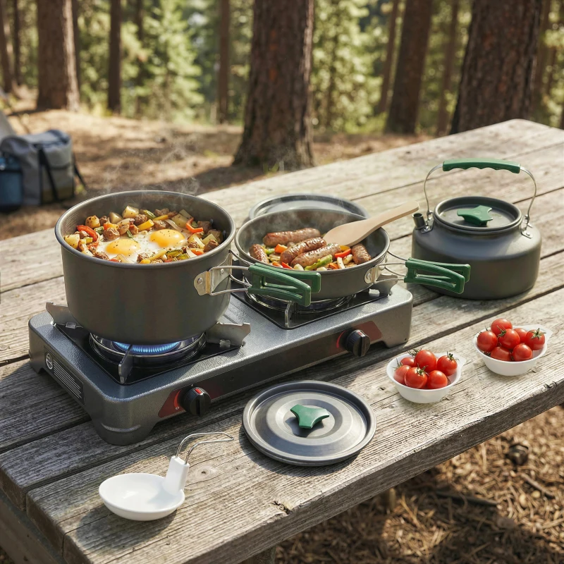Outsunny Kit de Casseroles Camping en Aluminium 11 Pcs, avec Sac de Rangement et Poignées Anti-Brûlures, Ø19x10cm, Gris