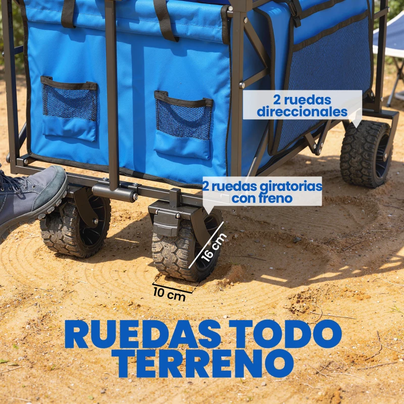 Outsunny Carro de Jardín Plegable con Ruedas Grandes Bloqueables Barra Ajustable Portavasos para Campaña 125x59x133 cm Azul