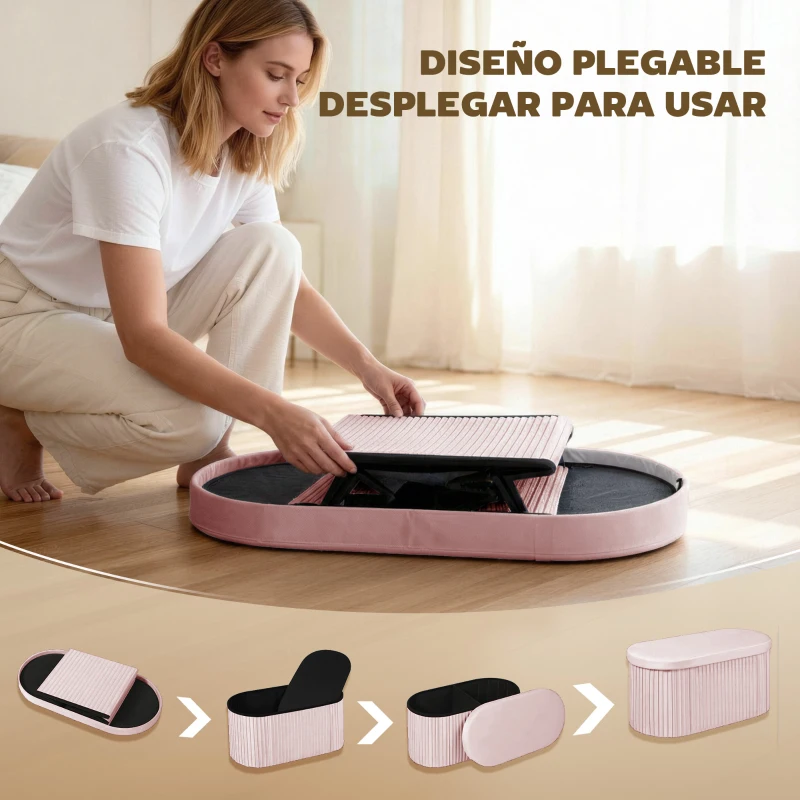 HOMCOM Puff Almacenaje Banco Almacenaje Plegable 72 L 76x38x35 cm Tapizado en Terciopelo Baúl de Almacenamiento Rosa