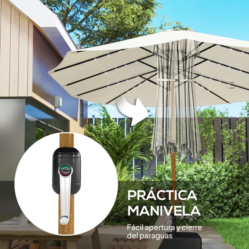 Outsunny Sombrilla Doble de Jardín 4,6x2,6 m con 48 Luces LED Base Incluida Manivela Sacos de Arena Anti-UV Crema