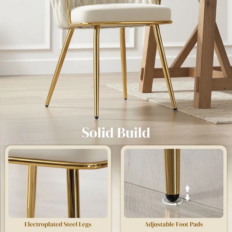 HOMCOM Velvet-Feel Dining Chairs Set of 2, Modern Upholstered Armchair with Knot Design and Golden Metal Legs, Accent Chair for Dining Room, Bedroom, Kitchen, Living Room, Cream