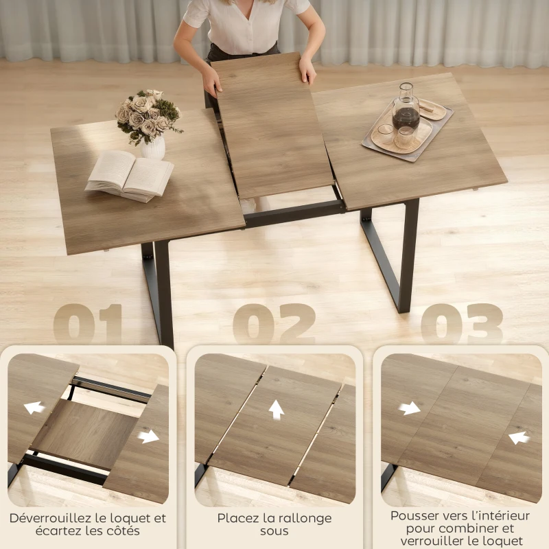 HOMCOM Table à manger extensible rectangle pour 6 à 8 personnes, table de cuisine avec rallonge 140-180 cm, effet bois naturel