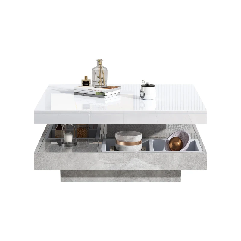 Tavolino da caffè lucido e girevole a 2 livelli con ripiano portaoggetti, 70x70x36 cm, Bianco