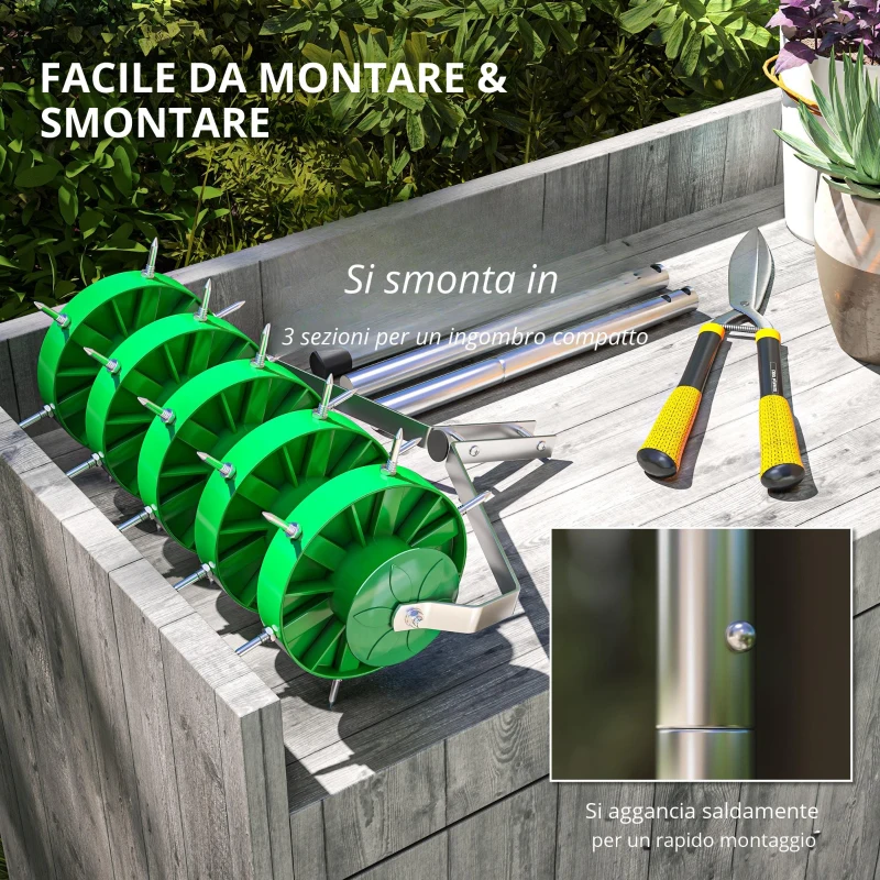 Outsunny Rullo Aeratore per Prato con Punte e Manico Smontabile in Tre Pezzi, Verde