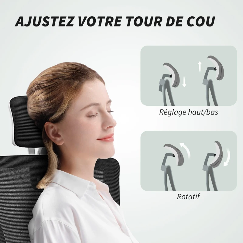 HOMCOM Chaise bureau ergonomique, fauteuil de bureau, accoudoirs relevables, soutien lombaire, appui-tête, 60x63x120cm, noir