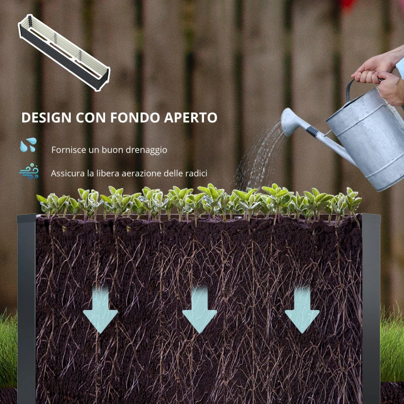 Outsunny Cassone per orto rialzato in acciaio zincato barre di supporto e piastre angolari fondo aperto 240 x 40 x 45 cm grigio scuro
