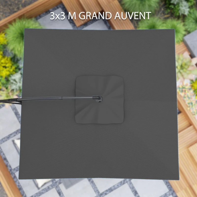 Outsunny Parasol déporté carré 3 x 3 m avec manivelle, base croisée, parasol inclinable rotation à 360° toile 180 g/m² gris foncé