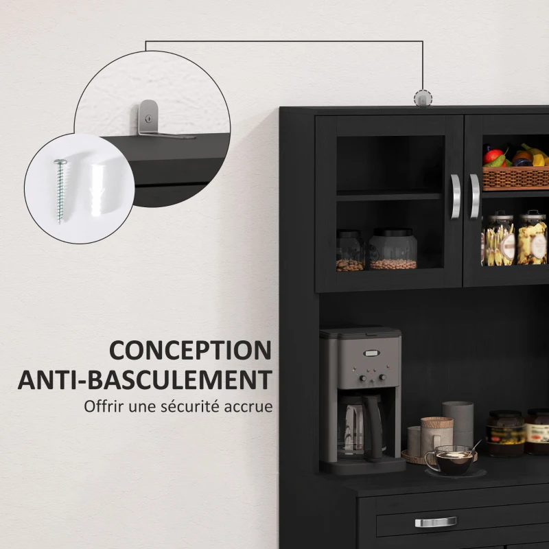 HOMCOM Buffet haut cuisine, armoire de cuisine avec 4 portes, tiroir, plan de travail, étagères réglables, 80x48x170cm, noir