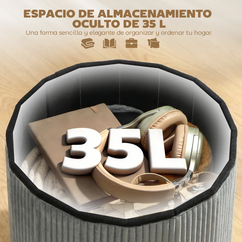 HOMCOM Puff Almacenaje Banco Almacenaje Plegable 35 L 38x38x38 cm Tapizado en Terciopelo Baúl de Almacenamiento Gris Oscuro