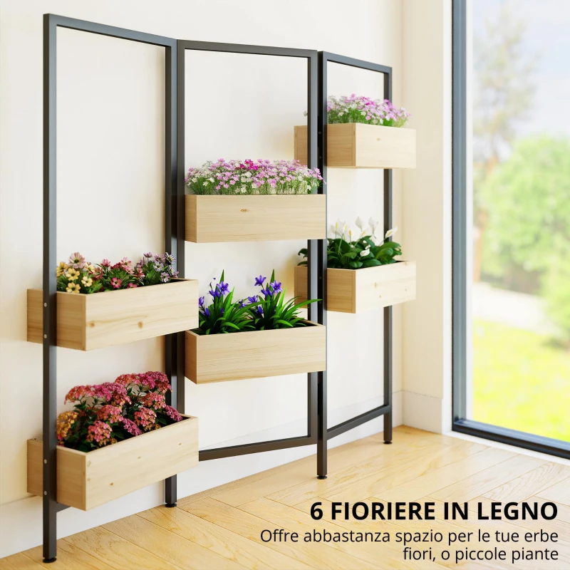 Outsunny Separatore di ambiente con 6 fioriere, paravento esterno pieghevole a 3 pannelli con foro di drenaggio e fodera, legno naturale