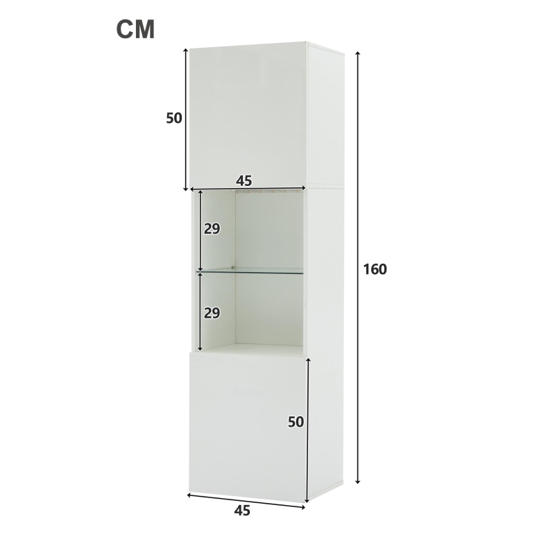 Vetrina per collezione con illuminazione LED e ripiano in vetro, 45x35x160 cm, Bianco