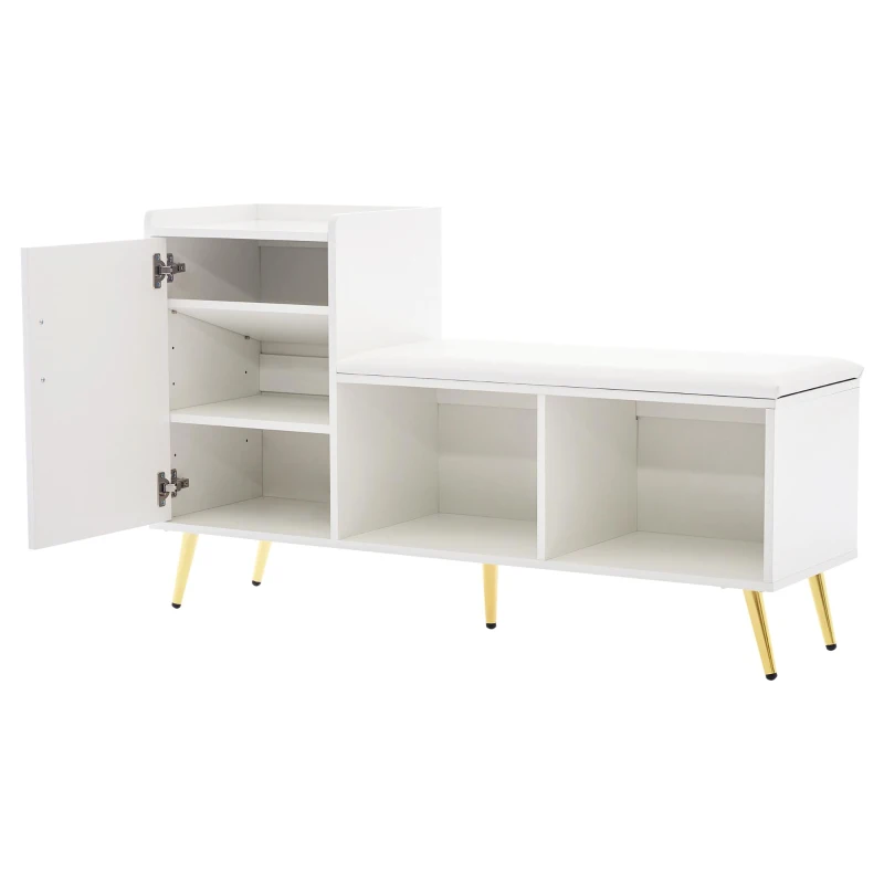 Mobile scarpiera lucido con panca imbottita, ripiani regolabili e dettagli dorati, 120x35x71.5 cm, Bianco