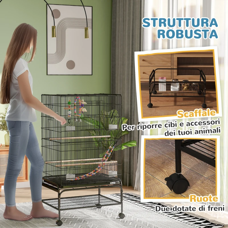 PawHut Gabbia per Uccelli con Area Gioco, Ruote, Vassoio Estraibile e Mensola, 64x45x110 cm, Nero
