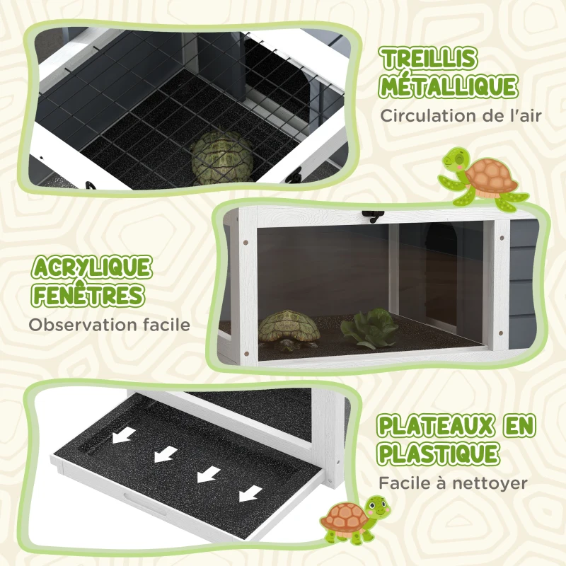 PawHut Maison enclos cage pour petit animal tortue avec 2 espaces support de lampe réglable 81 x 48 x 31,5 cm gris