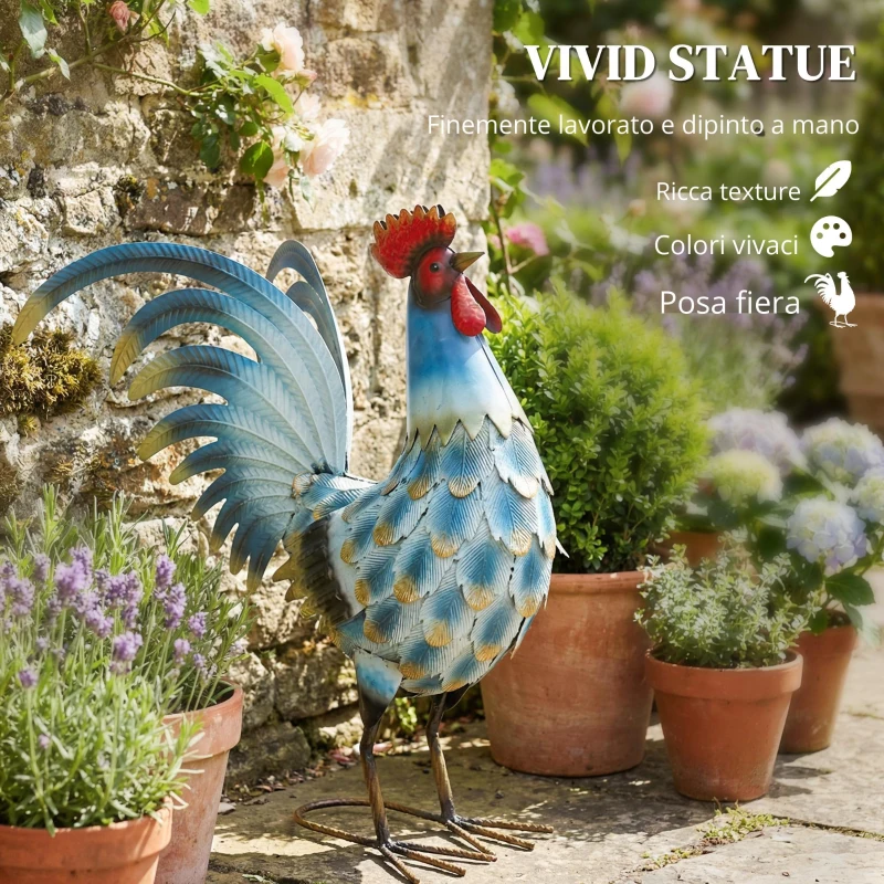 Outsunny Statua da giardino a forma di gallo, in metallo, con ancoraggi per il terreno, Multicolore