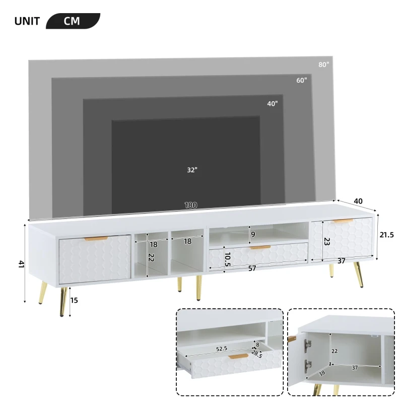 Mobile TV moderno con motivo a nido d'ape e ripiani portaoggetti, 180x40x41 cm, Bianco
