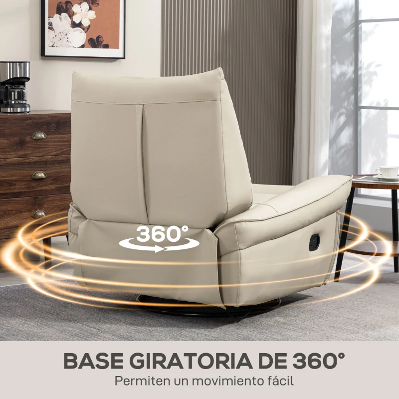 HOMCOM Sillón Relax Reclinable Giratorio Función Balancín Tapizado en PU Reposapiés Asiento Amplio Acolchado Grueso Crema
