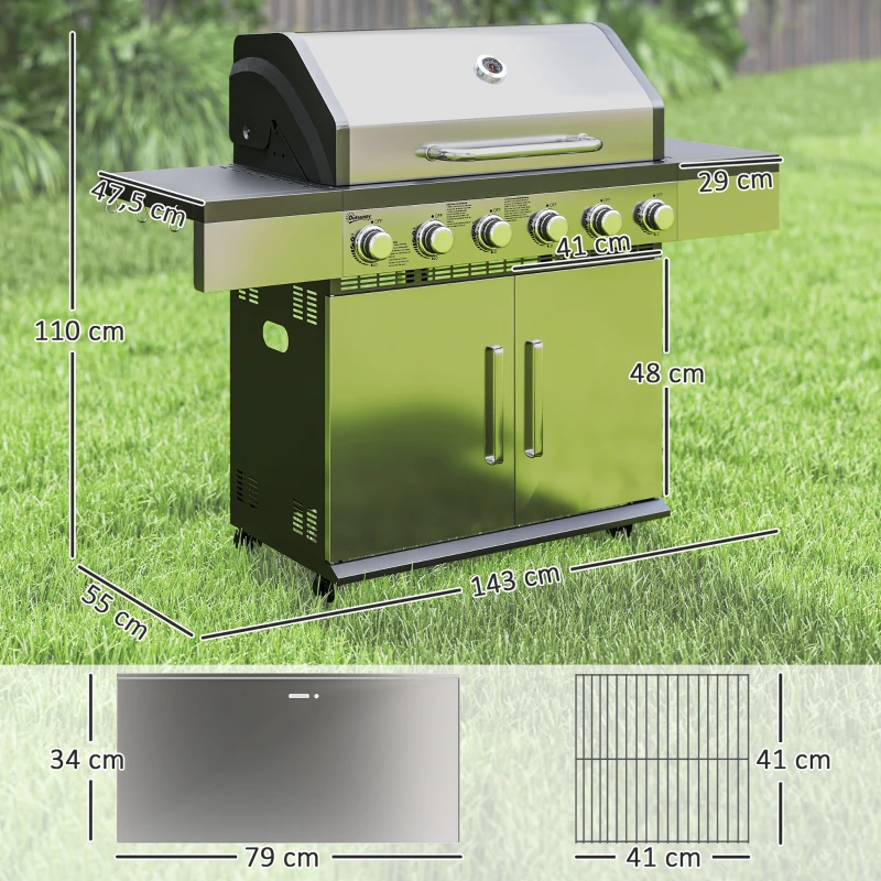 Grill gazowy 8500BTU, 6 palników ze stali, termometr, srebrny