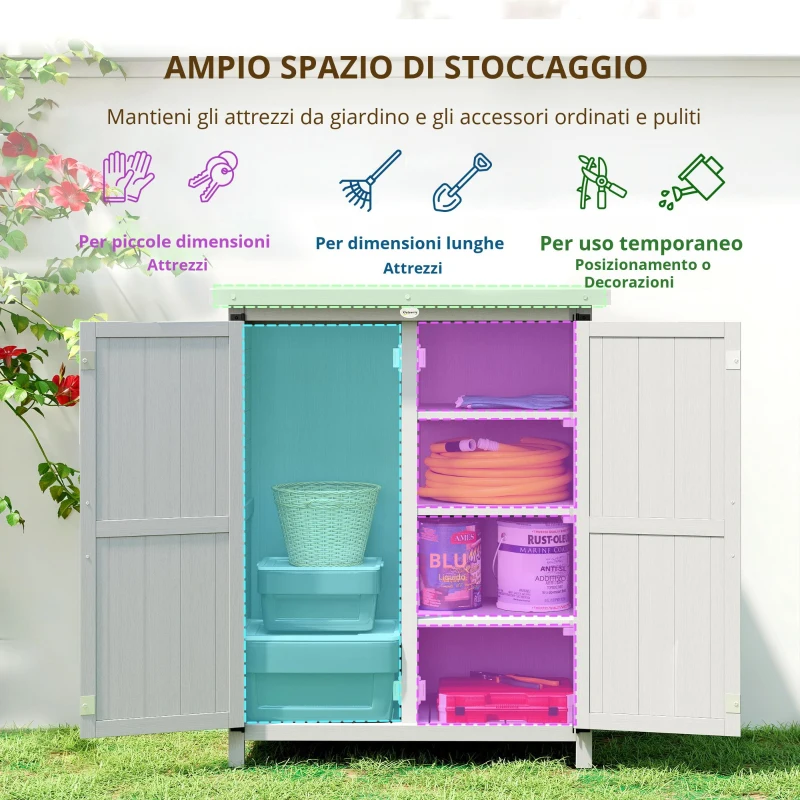 Outsunny Armadio da Giardino in Legno per Attrezzi, con 4 Ripiani 2 Porte, 75x40x90 cm, Grigio
