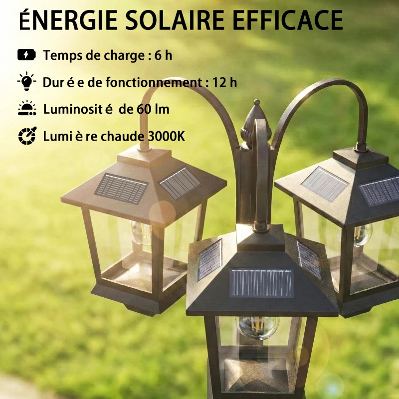 Outsunny Lampadaire extérieur solaire à 3 têtes, lampadaire jardin, éclairage LED, capteur automatique crépuscule à l'aube, noir