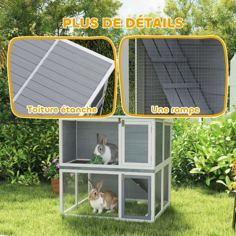 PawHut Clapier lapin extérieur cage à lapin 2 étages spacieux toit double ouverture plateau amovible 98x95x102,5cm gris