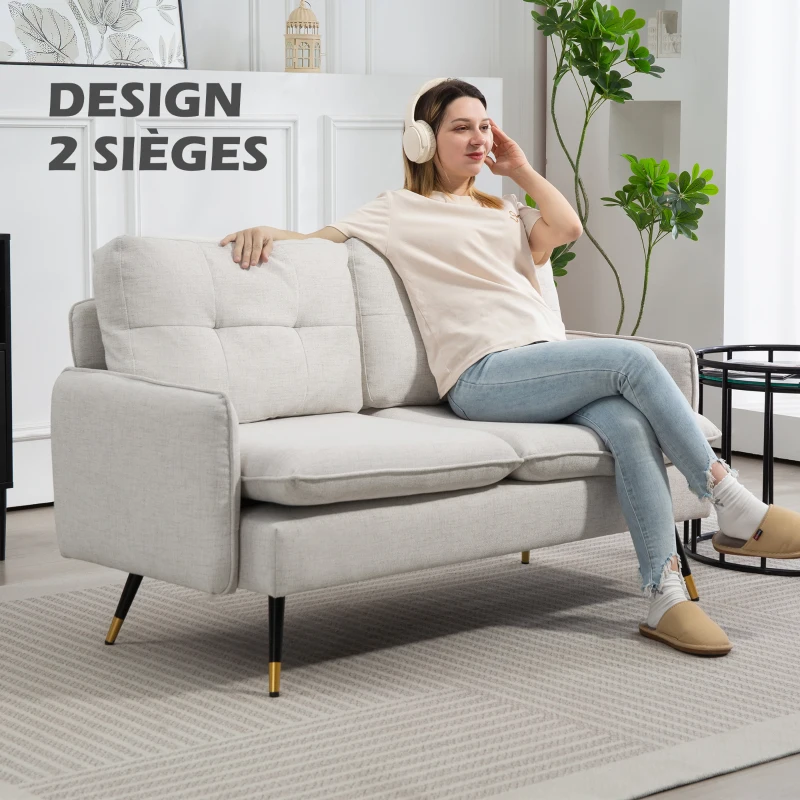 HOMCOM Canapé 2 places, canapé de salon, coussins, assise rembourrée, dossier capitonné, 139 x 68 x 80 cm, crème